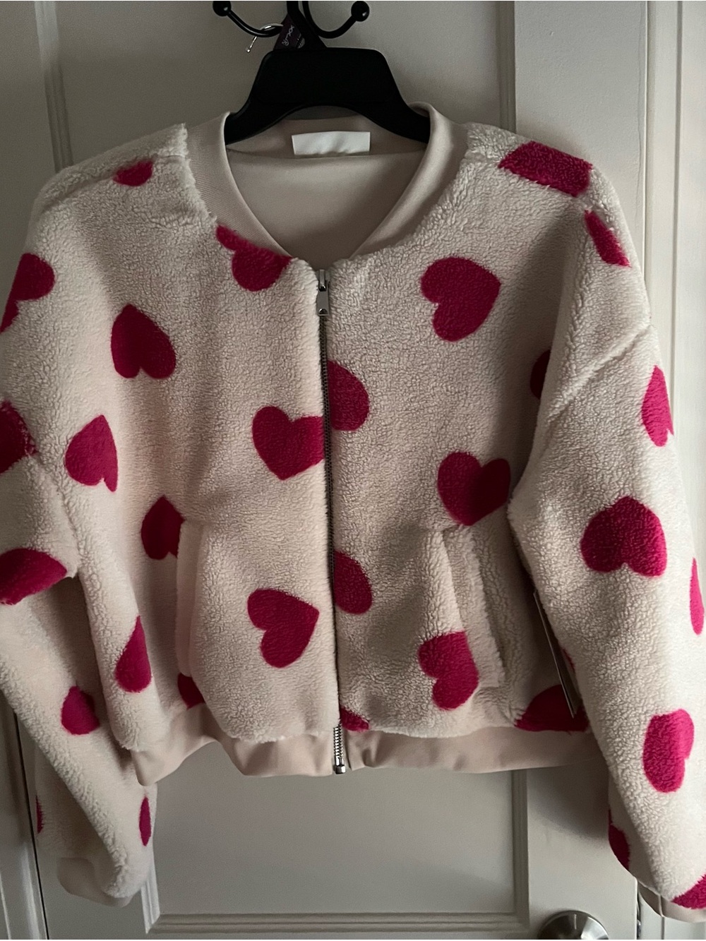 No Boundaries Cream Cozy Soft Jacket with Pink Heart Print